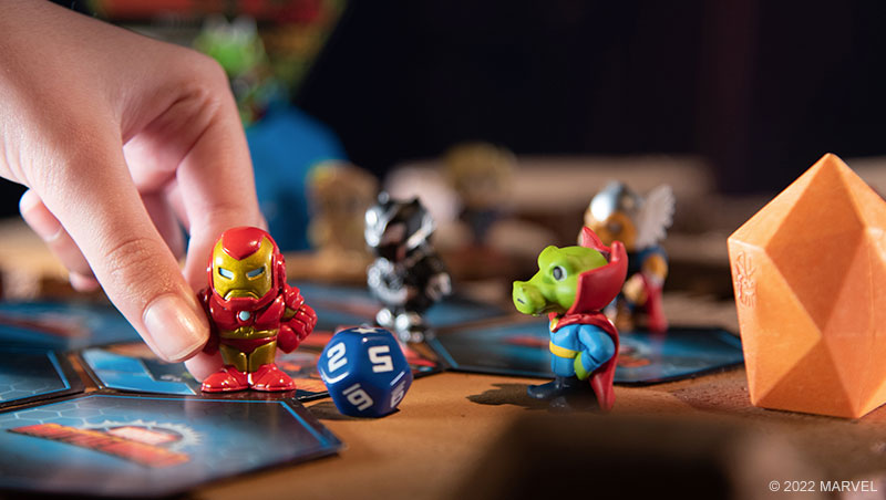 Close-up of Series 1 characters and dice