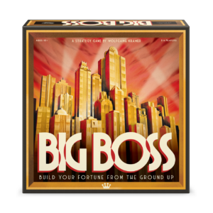 Square game box for Big Boss, with an art deco style city with spotlights and the tagline "Build your fortune from the ground up" below the logo.